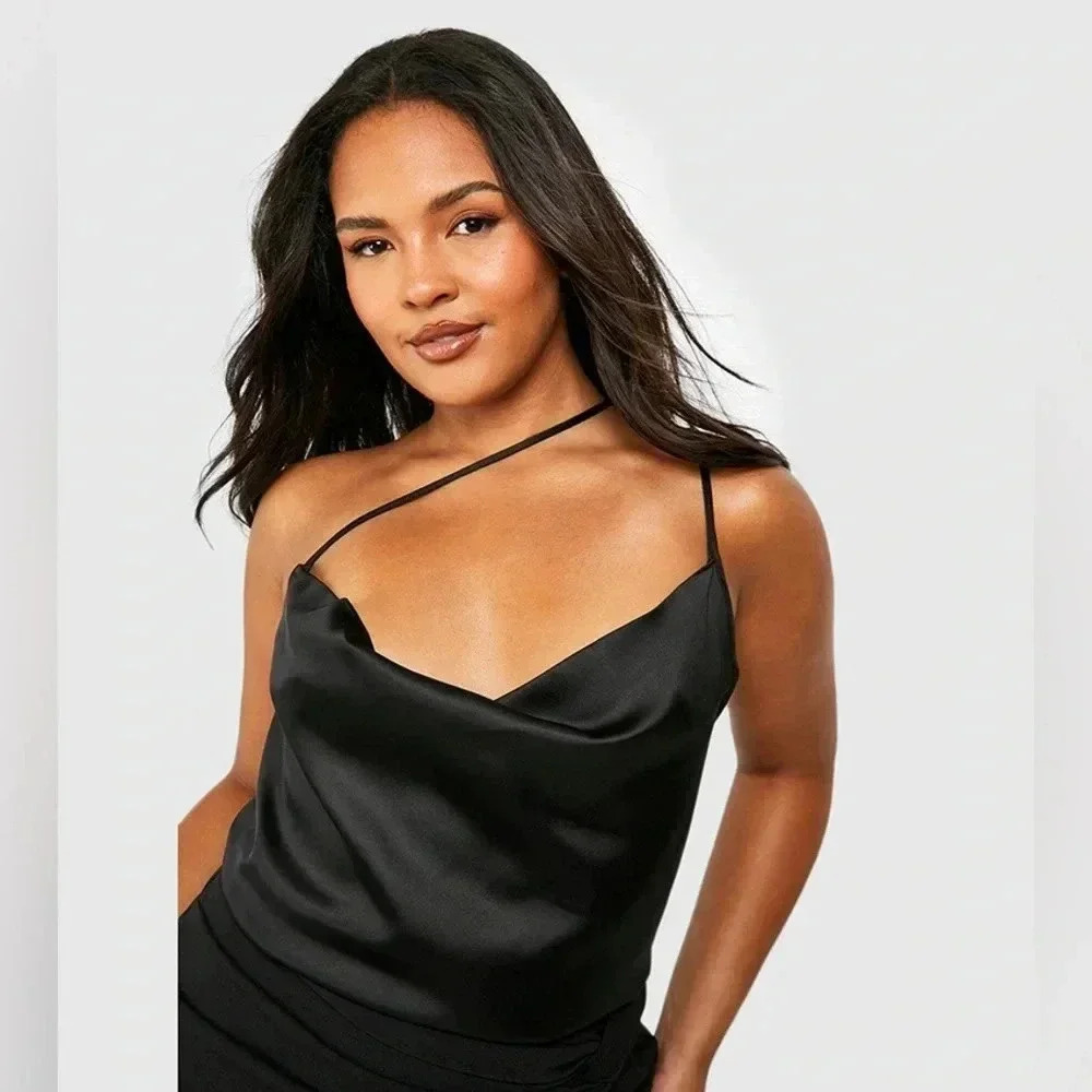 Boohoo PLUS ASYMMETRIC SATIN COWL CAMISOLE Black Size 14 NWT
